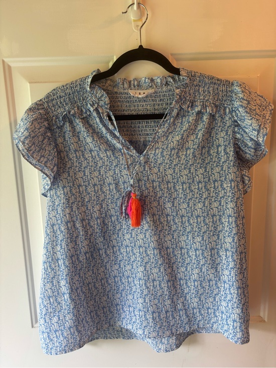 THML Tops - THML Blue and White Printed Smocked-Detail Tassel Top